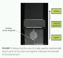 Measuring the area of a tack used to mechanically attach parts of the solar cell together indicates the strength of the attachment Measuring the area of a tack used to mechanically attach parts of the solar cell together indicates the strength of the attachment