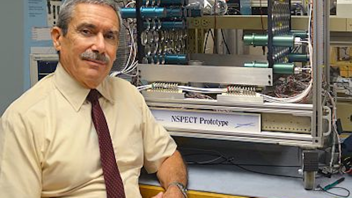 James Ryan beside the Portable Neutron Spectroscope (NSPECT). The instrument was conceived, designed, and tested to image and measure sources of neutron radiation. Photo by Kristi Donahue, UNH-EOS