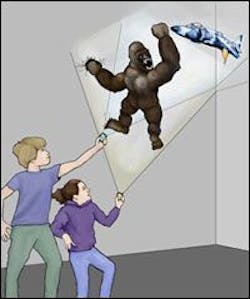 Engineers at Disney Research and Carnegie Mellon University have developed a system called SideBySide that enables animated images from two separate handheld projectors to interact with each other on the same surface Engineers at Disney Research and Carnegie Mellon University have developed a system called SideBySide that enables animated images from two separate handheld projectors to interact with each other on the same surface