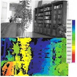 Software engine performs stereo matching in real time. Top: stereo image. Bottom: Depth map. Color legend to the left of the image is in mm. Software engine performs stereo matching in real time. Top: stereo image. Bottom: Depth map. Color legend to the left of the image is in mm.