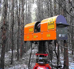 Ground-based ECHIDNA laser scanner uses lidar to record data that enables researchers to determine how much plant material forests have for later analysis of available carbon stores