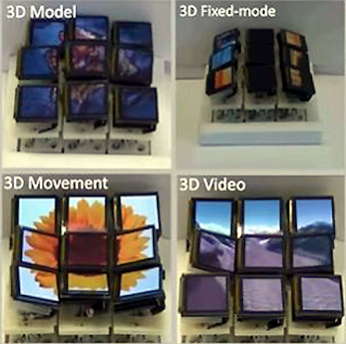 3-D display screen tilts along multiple axes