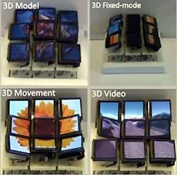 3-D display screen tilts along multiple axes