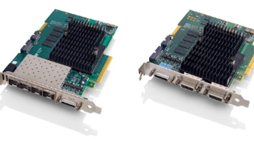 A picture of two hardware boards with circuity on the top and silver plug interfaces on the front, the Xtium2 frame grabber boards.