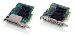 A picture of two hardware boards with circuity on the top and silver plug interfaces on the front, the Xtium2 frame grabber boards. A picture of two hardware boards with circuity on the top and silver plug interfaces on the front, the Xtium2 frame grabber boards.