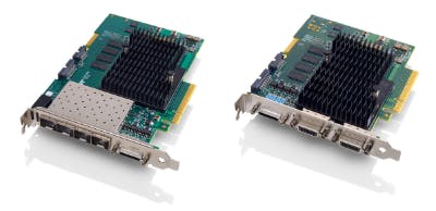 A picture of two hardware boards with circuity on the top and silver plug interfaces on the front, the Xtium2 frame grabber boards.