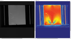 The output comparing averaged (b/w non-polarized) image and a heat map image, calculated using a phase retardation correlated to stress applied to the PET block. Note the stress clearly shown in blue.
