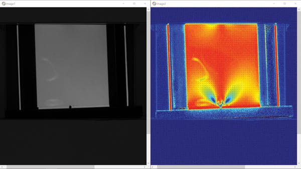 The output comparing averaged (b/w non-polarized) image and a heat map image, calculated using a phase retardation correlated to stress applied to the PET block. Note the stress clearly shown in blue.