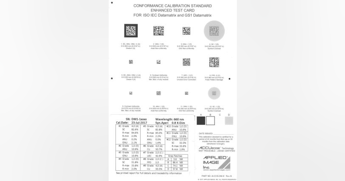 Barcode calibration test card product line expanded by Applied Image