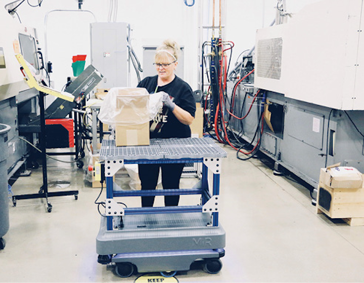 The MiR200 robot loops around Metro Plastic’s factory floor every 10 minutes, allowing operators to load finished products as soon as they fill a box. This has eliminated clutter and traffic on the floor, reduced the risk of injuries associated with forklift driving, and improved the efficiency of the company’s quality inspections and overall operations.