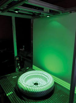 Figure 3: At speeds of up to 15 scans per second, the 3D structured light scanner can be used to scan objects the size of tires. Figure 3: At speeds of up to 15 scans per second, the 3D structured light scanner can be used to scan objects the size of tires.