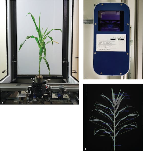 Figure 2: (a, above) During a full rotation, images are taken at programmable angular positions of a corn plant in the RGB imaging chamber. (b, top right) An Ellips MSI4 beam splitter box houses the RGB imaging components, used to captures images in the first chamber. (c, right) From a chlorophyll fluorescence image of a corn plant, the number of leafs and the leaf angles are computed.