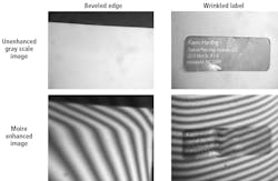 Figure 6. A beveled edge (left) and a wrinkled label (right) enhanced by moiré makes both features evident in a manner that could be measured with a simple smart camera without calculating a 3D surface. Figure 6. A beveled edge (left) and a wrinkled label (right) enhanced by moiré makes both features evident in a manner that could be measured with a simple smart camera without calculating a 3D surface.