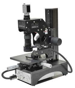 Figure 3: A custom microscope based on a Baumer GigE camera with CCD image sensor captures multiple images of metal samples and ultimately measures paint thickness. Figure 3: A custom microscope based on a Baumer GigE camera with CCD image sensor captures multiple images of metal samples and ultimately measures paint thickness.