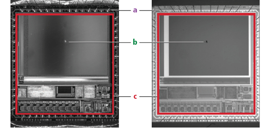 Figure 3: This comparison of images of a CCD captured using dark-field illumination (right) and in-line illumination (left) shows that in-line illumination leads to; A: more visible contrast between the wires and the rest of the CCD, B: the chip on the faceplate appearing dark instead of light, and C: even illumination with consistent contrast, while dark-field illumination results in inconsistent contrast across the image.