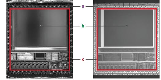 Figure 3: This comparison of images of a CCD captured using dark-field illumination (left) and bright-field in-line illumination (right) shows that in-line illumination leads to; A: more visible contrast between the wires and the rest of the CCD, B: the chip on the faceplate appearing dark instead of light, and C: even illumination with consistent contrast, while dark-field illumination results in inconsistent contrast across the image.&rdquo;