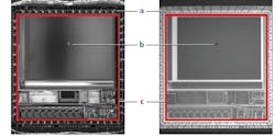 Figure 3: This comparison of images of a CCD captured using dark-field illumination (left) and bright-field in-line illumination (right) shows that in-line illumination leads to; A: more visible contrast between the wires and the rest of the CCD, B: the chip on the faceplate appearing dark instead of light, and C: even illumination with consistent contrast, while dark-field illumination results in inconsistent contrast across the image.” Figure 3: This comparison of images of a CCD captured using dark-field illumination (left) and bright-field in-line illumination (right) shows that in-line illumination leads to; A: more visible contrast between the wires and the rest of the CCD, B: the chip on the faceplate appearing dark instead of light, and C: even illumination with consistent contrast, while dark-field illumination results in inconsistent contrast across the image.”