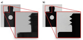 Figure 5: In comparing conventional backlighting (a) and telecentric illumination (b), it is evident that telecentric illumination results in more edge contrast.