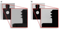 Figure 5: In comparing conventional backlighting (a) and telecentric illumination (b), it is evident that telecentric illumination results in more edge contrast. Figure 5: In comparing conventional backlighting (a) and telecentric illumination (b), it is evident that telecentric illumination results in more edge contrast.