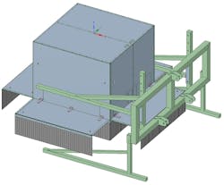 Figure 2. A rendering of the measurement box shows two compartments—one for a hyperspectral camera and one for an RGB-D imaging system. Ambient light is blocked by two rows of rubber flaps. Figure 2. A rendering of the measurement box shows two compartments—one for a hyperspectral camera and one for an RGB-D imaging system. Ambient light is blocked by two rows of rubber flaps.