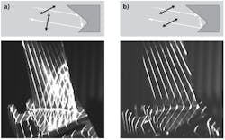 Figure 4: Double Bounce Reflections on a Shiny Part with Cross Polarizers (a). Parallel Polarized Light Image Rejecting Extra Reflections (b). Figure 4: Double Bounce Reflections on a Shiny Part with Cross Polarizers (a). Parallel Polarized Light Image Rejecting Extra Reflections (b).