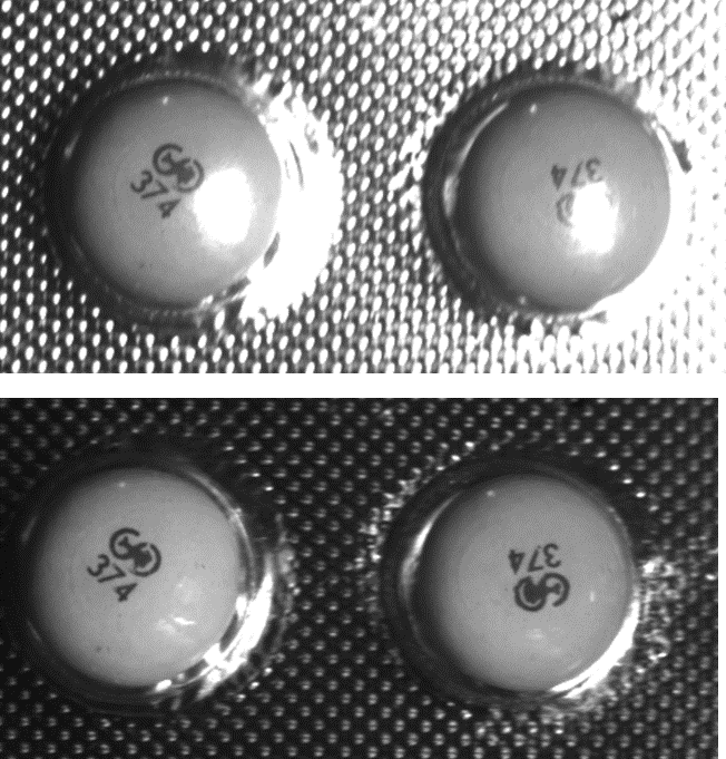 Figure 2. Using a setup like that in Figure 1 enables the reduction or removal of specular reflection, such as the glint off bubble pack pictured here, making it easier to see the pill beneath.