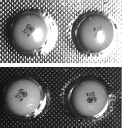 Figure 2. Using a setup like that in Figure 1 enables the reduction or removal of specular reflection, such as the glint off bubble pack pictured here, making it easier to see the pill beneath.