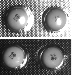 Figure 2. Using a setup like that in Figure 1 enables the reduction or removal of specular reflection, such as the glint off bubble pack pictured here, making it easier to see the pill beneath. Figure 2. Using a setup like that in Figure 1 enables the reduction or removal of specular reflection, such as the glint off bubble pack pictured here, making it easier to see the pill beneath.