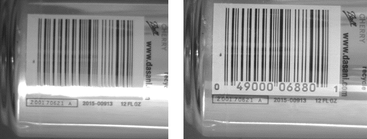 Figure 3: The printed number under the barcode is not readable in the left-hand image but is clear in the right image using crossed polarizing filters.