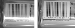 Figure 3: The printed number under the barcode is not readable in the left-hand image but is clear in the right image using crossed polarizing filters.