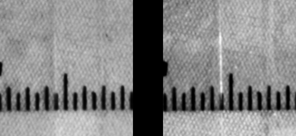 Figure 6: The edge of clear tape on a clear plastic ruler can be very difficult to see, but because of the diffuse nature of the edge reflection, polarization can make is stand out.