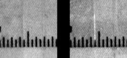 Figure 6: The edge of clear tape on a clear plastic ruler can be very difficult to see, but because of the diffuse nature of the edge reflection, polarization can make is stand out. Figure 6: The edge of clear tape on a clear plastic ruler can be very difficult to see, but because of the diffuse nature of the edge reflection, polarization can make is stand out.