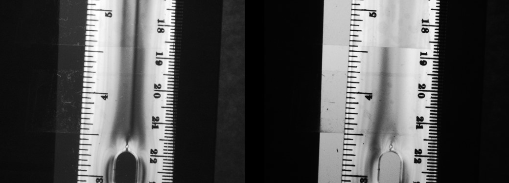 Figure 8: A plastic ruler shows a stress line down the middle, but with a different polarization (right) the line suddenly stops due to a change in the thickness.