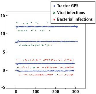 Figure 5. The GNSS positions of the RTK rover labeled as viral or bacterial infection and the GNSS position of the tractor driving back and forth over the rows are depicted in this graph. The units on the axes are scaled to half the inter-row distance and uniform in both directions.
