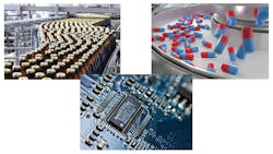 Figure 1: Canned food, bottles, engine parts, and electronic sub-assemblies may be checked for correct label orientation, fill levels, barcodes, and the presence/absence of components. Such high-speed production systems themselves must also be monitored to diagnose any mechanical failure that may occur. Figure 1: Canned food, bottles, engine parts, and electronic sub-assemblies may be checked for correct label orientation, fill levels, barcodes, and the presence/absence of components. Such high-speed production systems themselves must also be monitored to diagnose any mechanical failure that may occur.