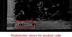 Figure 9: Multiple CI techniques may be combined to tackle more complex inspection tasks. In this example, both multispectral and photometric stereo are performed on the same sample. Figure 9: Multiple CI techniques may be combined to tackle more complex inspection tasks. In this example, both multispectral and photometric stereo are performed on the same sample.