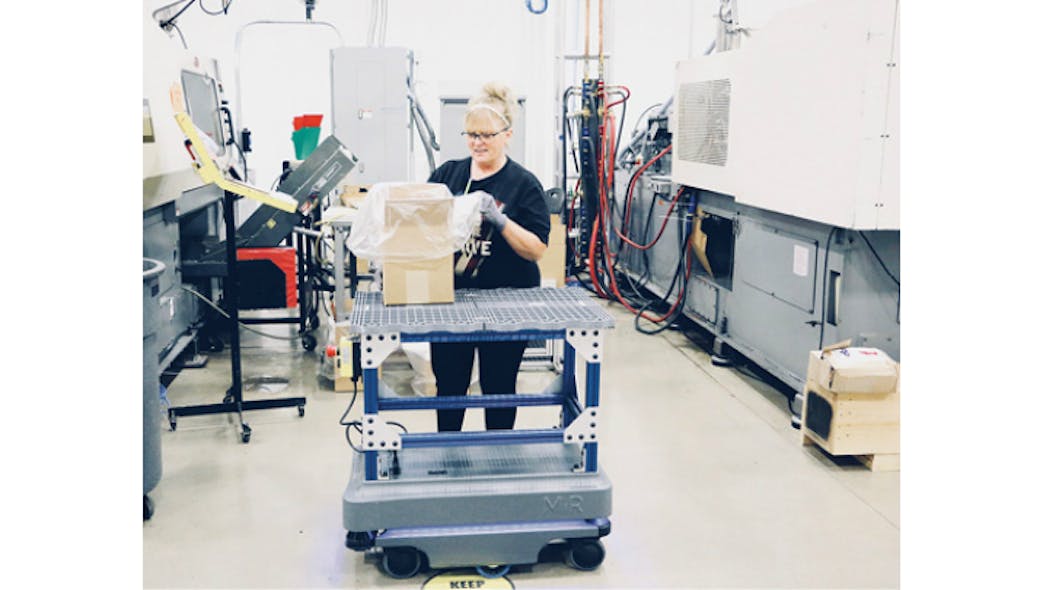 The MiR200 robot loops around Metro Plastic&rsquo;s factory floor every 10 minutes, allowing operators to load finished products as soon as they fill a box. This has eliminated clutter and traffic on the floor, reduced the risk of injuries associated with forklift driving, and improved the efficiency of the company&rsquo;s quality inspections and overall operations.