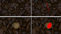 Figure 1: After training the Euresys EasySegment library with less than 100 sample images of good coffee beans without debris, the tool identifies objects it recognizes as non-coffee bean items. Figure 1: After training the Euresys EasySegment library with less than 100 sample images of good coffee beans without debris, the tool identifies objects it recognizes as non-coffee bean items.