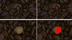 Figure 1: After training the Euresys EasySegment library with less than 100 sample images of good coffee beans without debris, the tool identifies objects it recognizes as non-coffee bean items.