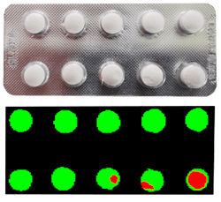 The correct filling of blisters and errors e.g. of the medication coating can be checked with HSI and CCI technology in real time even at high production speeds. The correct filling of blisters and errors e.g. of the medication coating can be checked with HSI and CCI technology in real time even at high production speeds.