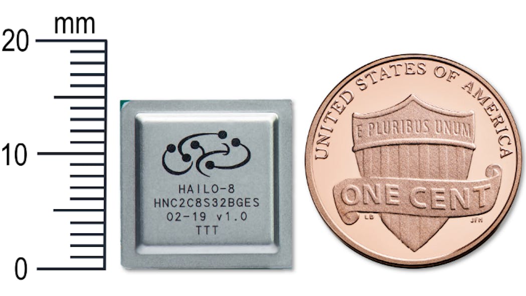 Smaller than a penny, the Hailo-8 compact processor is capable of up to 26 TOPS for deep learning applications.
