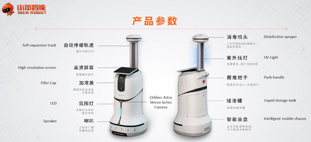 Figure 3: The Iben Robot, manufactured by Xiaoben Intelligence, uses an Orbbec Astra Stereo camera to navigate through hospitals during sanitizing operations.