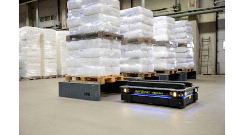 Figure 1: The autonomous mobile robot approaches a designed MiR rack to collect a pallet and transport it to its warehouse destination.