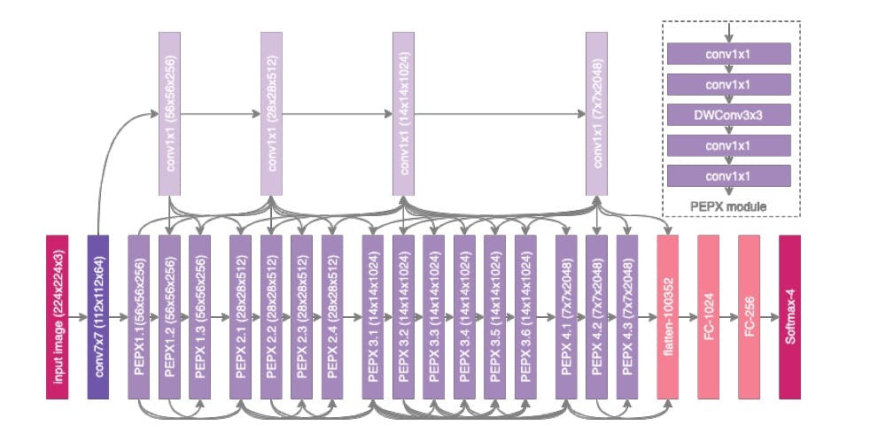 Figure 2: High architectural diversity and selective long-range connectivity can be observed as it is tailored for COVID-19 case detection from chest radiography images. The heavy use of a projection-expansion-projection design pattern in the COVID-Net architecture can also be observed, which strikes a strong balance between computational efficiency and representational capacity.