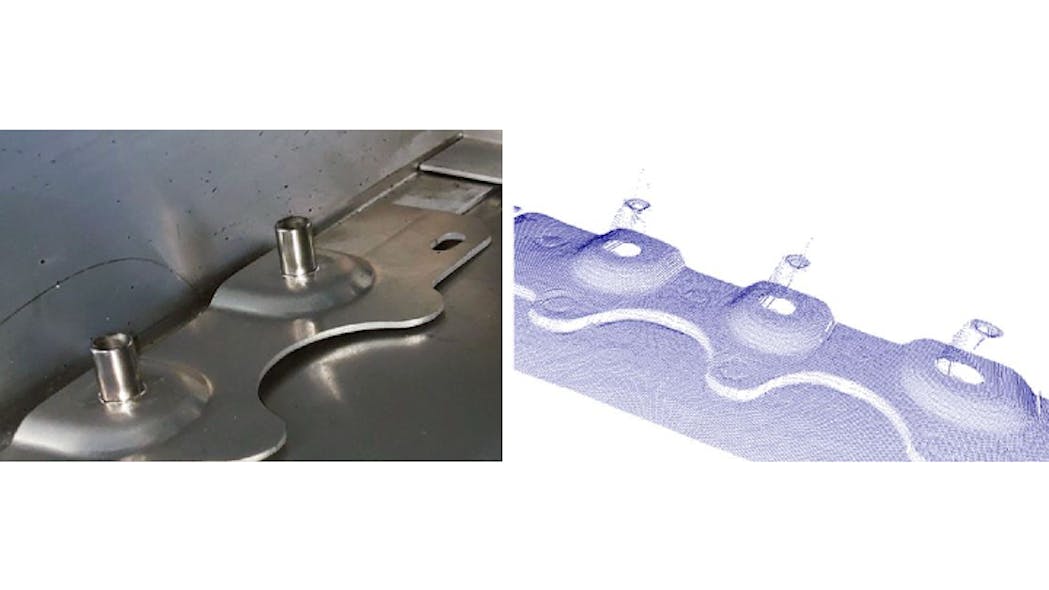 Figure 1: A picture of rivet sites on an electric vehicle battery tray (left) and a 3D point cloud of the rivet sites (right).