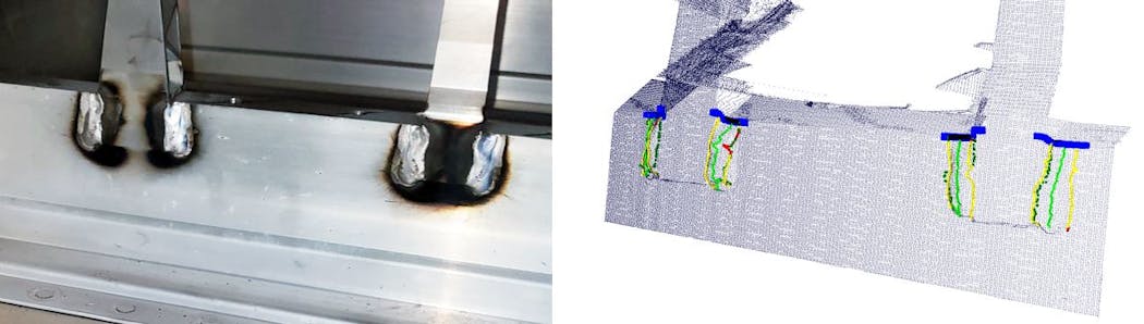 Figure 3: The Bluewrist inspection system scans features like welds (left) and creates 3D point clouds of those features (right).