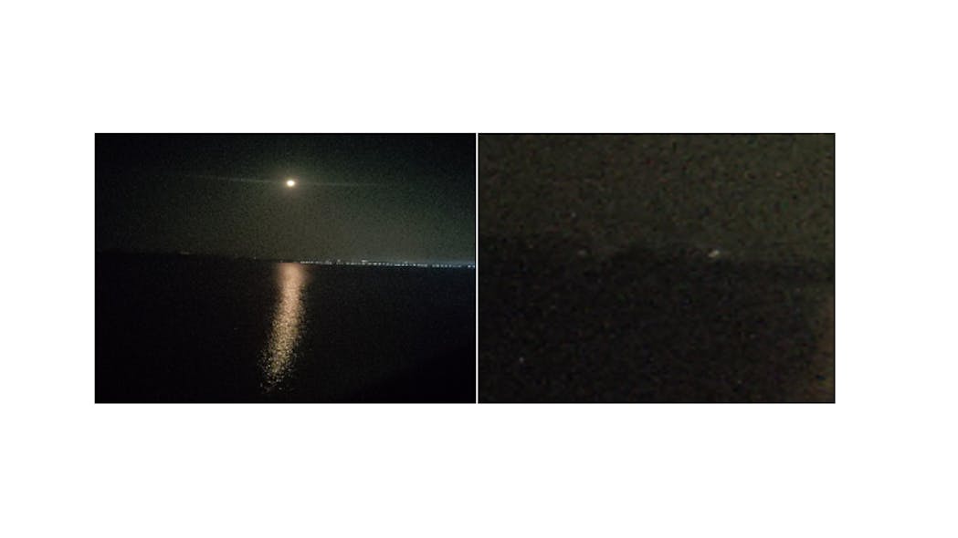 Figure 1: This image shows a poorly lit scene (left), and a zoomed-in region showing the effect of Gaussian noise (right).