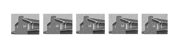 Figure 5: Original image Gaussian noise is shown in A, while added images with sigma are shown in: (b) 20 (c) 30 (d) 40 (e) 50.
