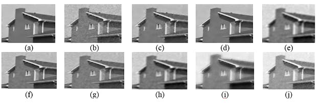 Figure 6: Pictured here are visual results for various denoising techniques (a) Wavelet transform (b) Curvature filter (c) Shearlet transform (d) NLM filter (e) Gaussian filter (f) BM3D (g) Anisotropic diffusion (h) Bilateral filter (i) Guided filter (j) WLS filter at Sigma 30.