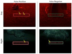 Figure 5: Error examples from day and night testing are shown here. False positives result from varying terrain appearance while false negatives result from uncertain labeling of transition regions between obstacle and clear ground. Motion blue also caused false negatives in night images. Figure 5: Error examples from day and night testing are shown here. False positives result from varying terrain appearance while false negatives result from uncertain labeling of transition regions between obstacle and clear ground. Motion blue also caused false negatives in night images.